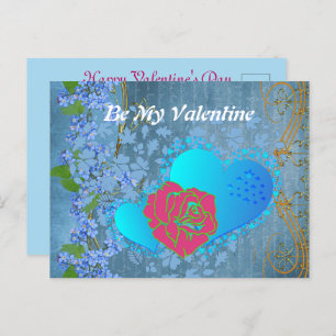 Be My Valentine Romantic Rose Sweeping Heart Blue  Postcard