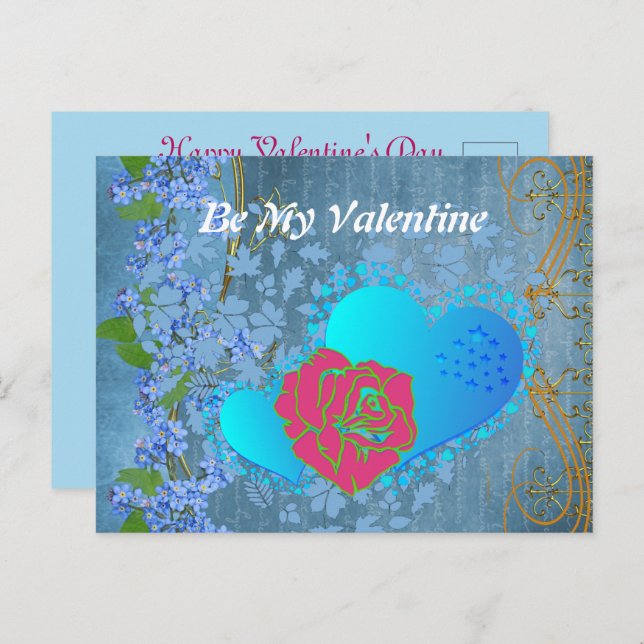 Be My Valentine Romantic Rose Sweeping Heart Blue  Postcard (Front/Back)