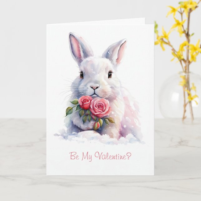 Be My Valentine Sweet Bunny Rabbit in the Snow  Card (Yellow Flower)
