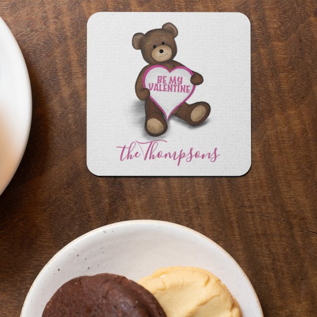 Be My Valentine Teddy Bear Personalised   Square Paper Coaster (Cute teddy bear Valentine's day custom paper coaster.)