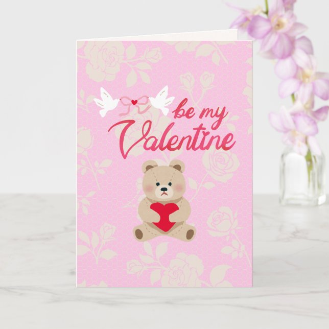 Be My Valentine Teddy Bear Valentine's Day Card (Orchid)
