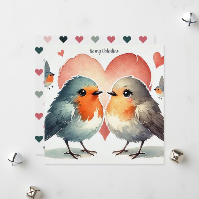"Be My Valentine" Watercolor  Robin Hearts Holiday Card (Front/Back In Situ)