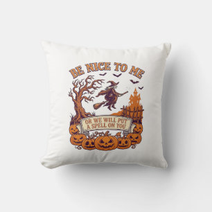 Be Nice Me Halloween Witch Broom Pumpkins_1 Cushion