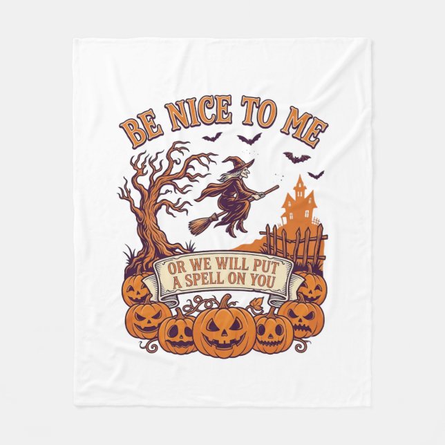 Be Nice Me Halloween Witch Broom Pumpkins_1 Fleece Blanket (Front)