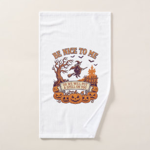 Be Nice Me Halloween Witch Broom Pumpkins_1 Hand Towel