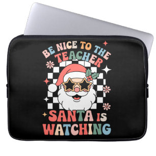 Be Nice To The Teacher Santa Is Watching Retro Laptop Sleeve