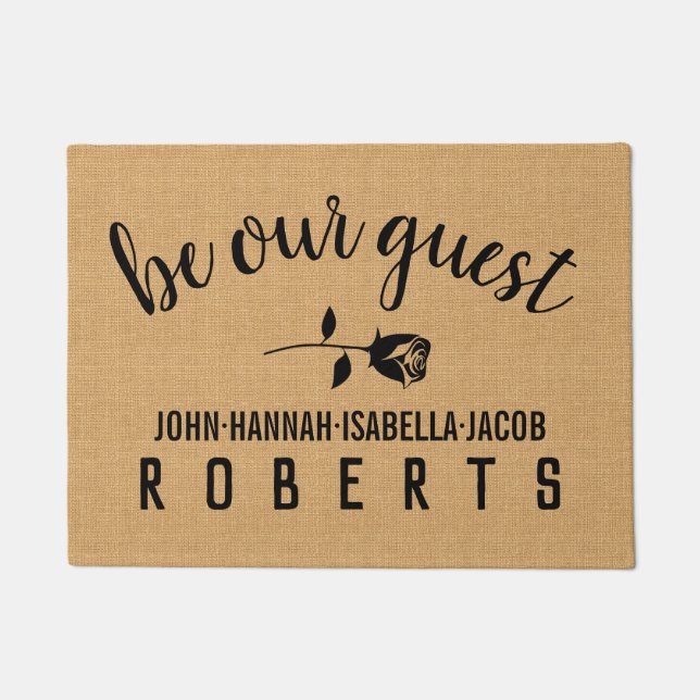 Be Our Guest Elegant Rose on Burlap Personalised Doormat (Front)