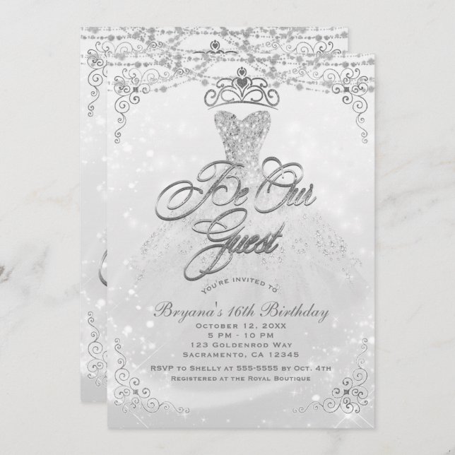 Be Our Guest Princess White Silver Sweet 16 Party Invitation (Front/Back)
