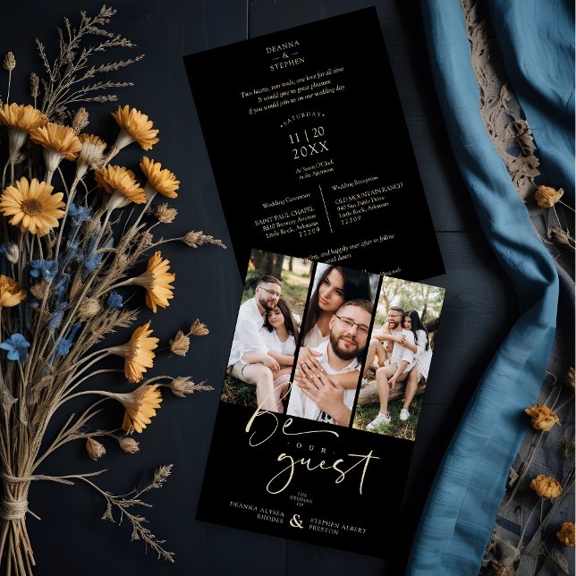 Be our Guest Quote Script Collage Wedding (Be our Guest Quote Script Collage 3 Photos Black Trendy Wedding Invitation with Envelope.)