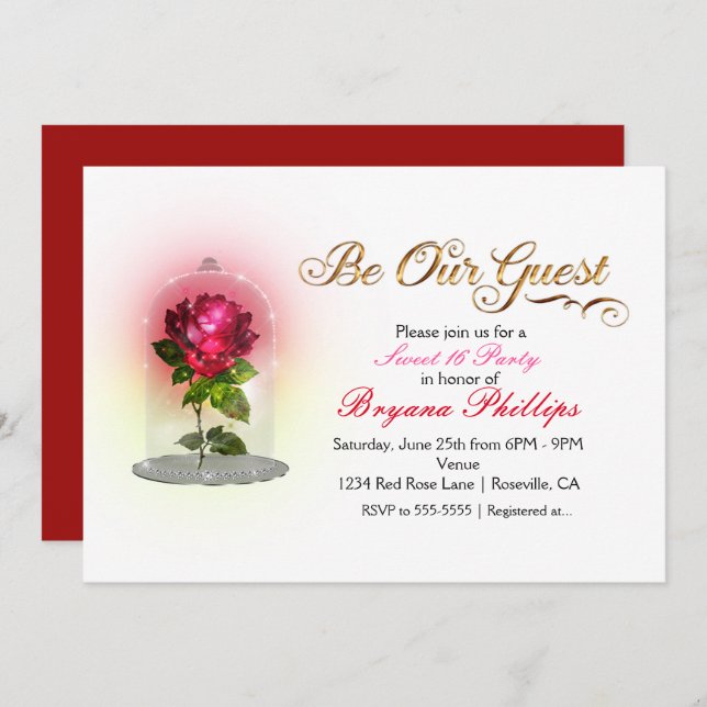Be Our Guest Red Rose in Glass Elegant Party Invitation (Front/Back)