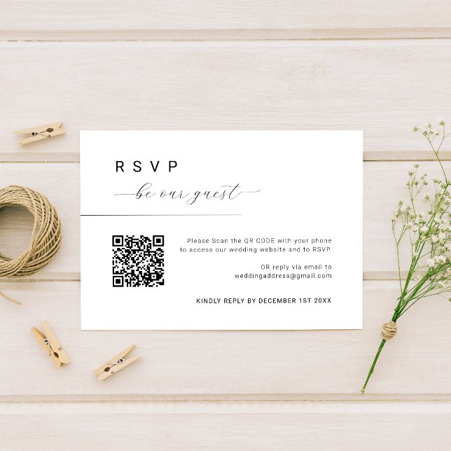 Be our guest Script Simple Minimal Wedding QR Code RSVP Card (Creator Uploaded)