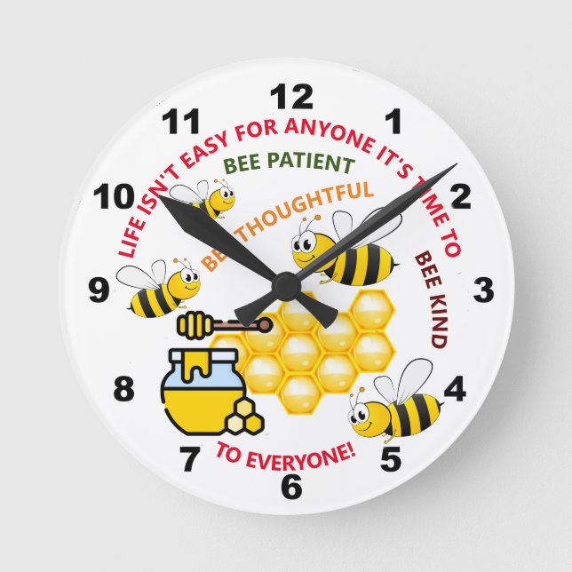 Be Patient, Thoughtful and Kind, Honeybee Round Clock (Front)