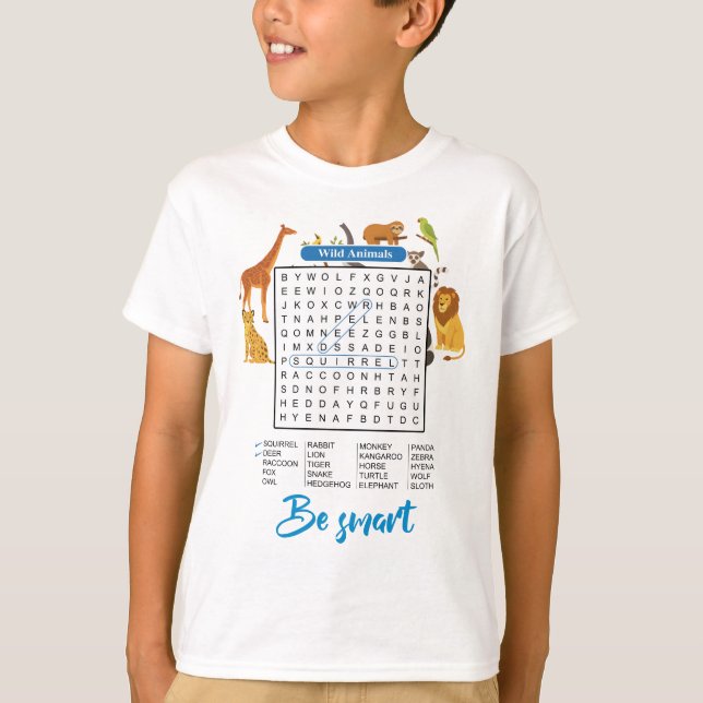 Be Smart – Wild Animals Word Search Game T-Shirt f (Front)