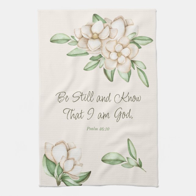 Be Still and Know Elegant Bible Verse Botanical Tea Towel (Vertical)