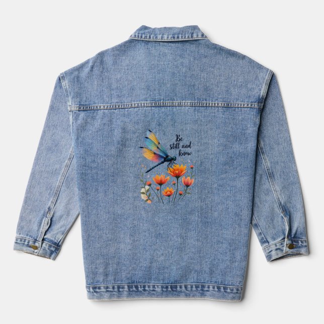 Be still and know Floral Dragonfly Christian Summe Denim Jacket (Back)
