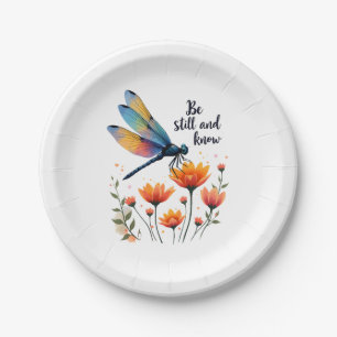 Be still and know Floral Dragonfly Christian Summe Paper Plate