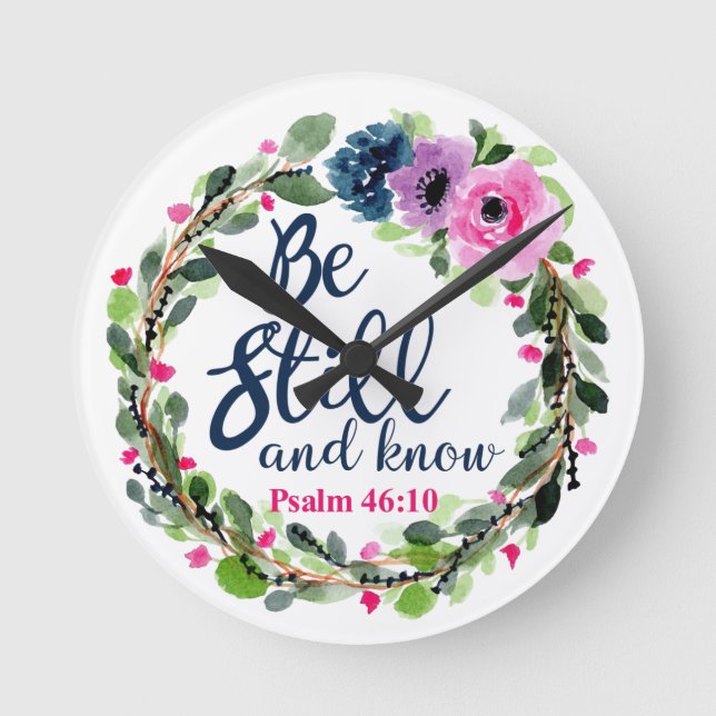 Be Still And Know Pink Floral Bible Verse Round Clock (Front)