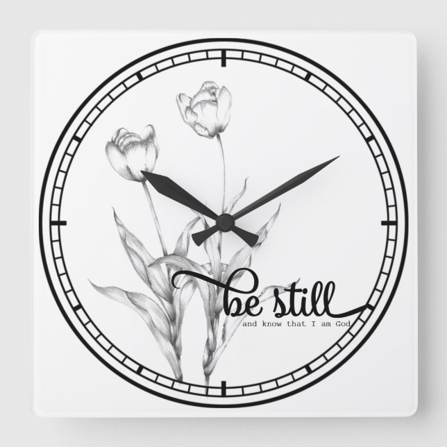 Be Still Black and White Pencil Sketch Tulips Square Wall Clock (Front)