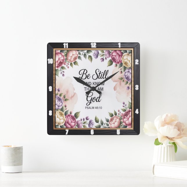  Be Still God Floral Frame Square Wall Clock (Home)