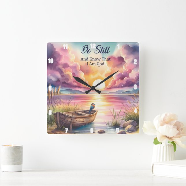 Be Still Sunset Lake Boat Square Wall Clock (Home)
