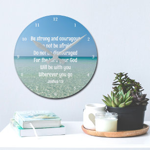 Be Strong & Courageous Beautiful Christian Beach Round Clock