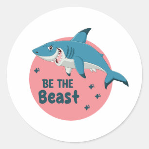 Be The Beast Kawaii Happy Blue Shark on Pink Classic Round Sticker