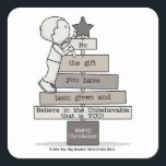 Be the Gift-Christmas Tree Square Sticker<br><div class="desc">Little Boy stands on a board with a hammer in hand as he adjusts a star on the top of the wooden Christmas Tree he has built. Caption along each plank says, “Be the gift you have been given and Believe in the Unbelievable that is YOU!” The bottom trunk says,...</div>