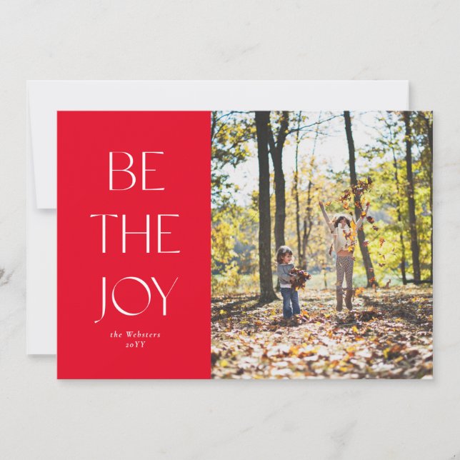 Be the joy simple red one photo Christmas Holiday Card (Front)