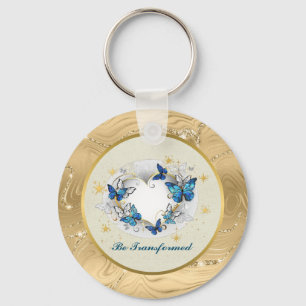 Be Transformed Quote Heart and Blue Butterflies Key Ring