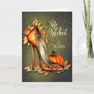 Be Wicked Halloween High Heel with Autumn Leaves Holiday Card