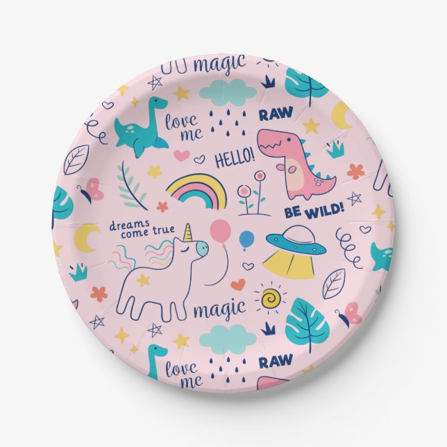 Be Wild Pink Dinosaur Rainbow Unicorn Girls Party Paper Plate (Front)