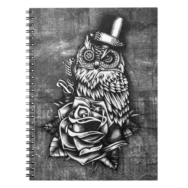 Be Wise tattoo style owl on digital wood base. Spiral Notebook (Front)