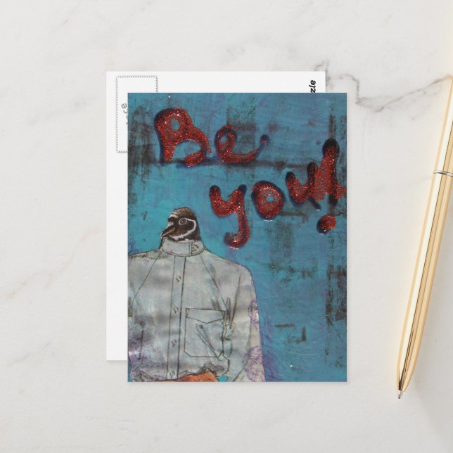 Be You Funny Penguin Mixed Media Postcard (Front/Back In Situ)