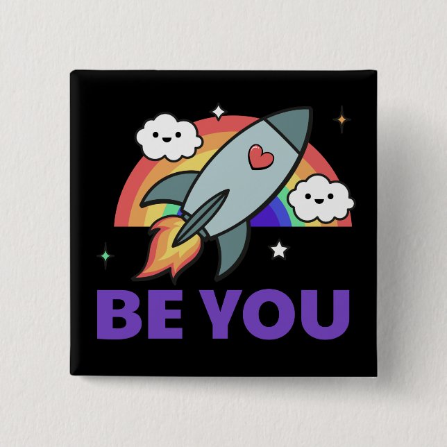 Be you. Rainbow rocket cloud with heart  Button (Front)
