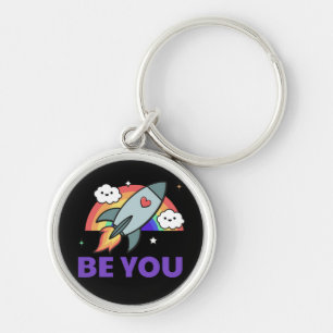 Be you. Rainbow rocket cloud with heart Keychain