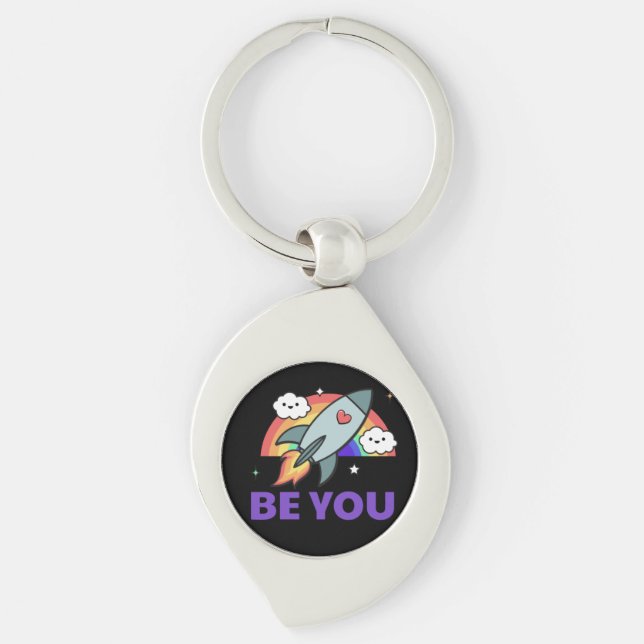Be you. Rainbow rocket cloud with heart   Keychain (Front)