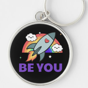 Be you. Rainbow rocket cloud with heart Keychain