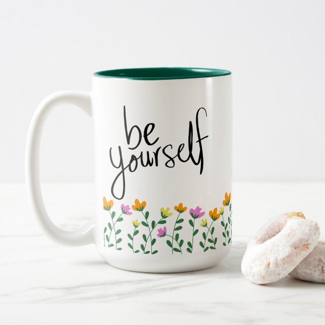 BE YOURSELF CUTE DESIGN WITH FLOWERS Two-Tone COFFEE MUG (With Donut)