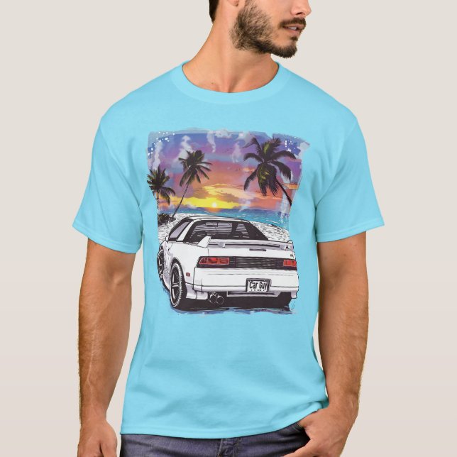 Beach 1980s White Sports Car Teen Guys Race Car T-Shirt (Front)