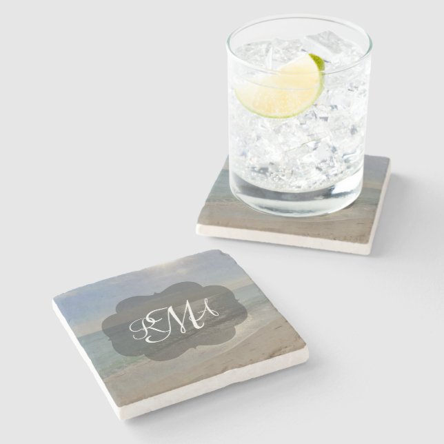 Beach 3-Letter Monogram Initials Ocean Stone Coaster (Side)