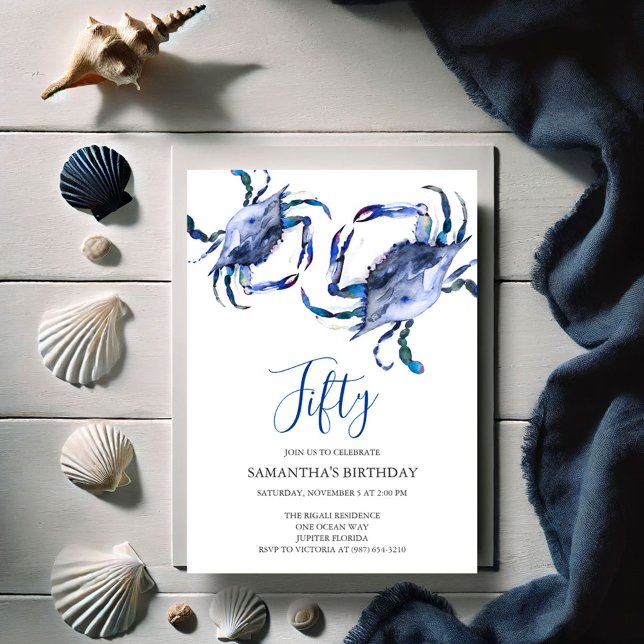 Beach 50th Birthday  Invitations Crab Boil (50th Birthday invitations blue watercolor crab art by Victoria Grigaliunas of Do Tell A Belle)