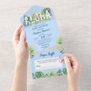 Beach Aloha Light Blue Baby Shower Diaper Raffle All In One Invitation
