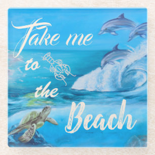 Beach and Marine Life Painting Glass Coaster