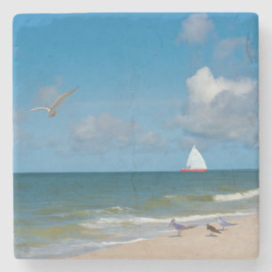 Beach and Ocean View with Sailboat Stone Coaster