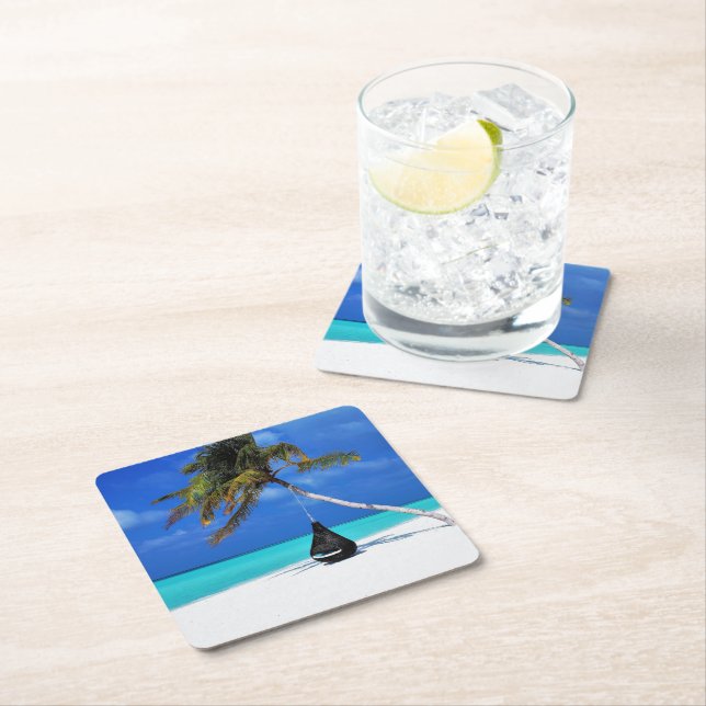 Beach and Palm Tree Square Paper Coaster (Insitu)