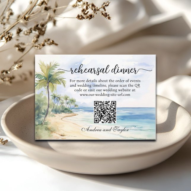 Beach and Palm Trees QR Code Rehearsal Dinner Enclosure Card (Creator Uploaded)