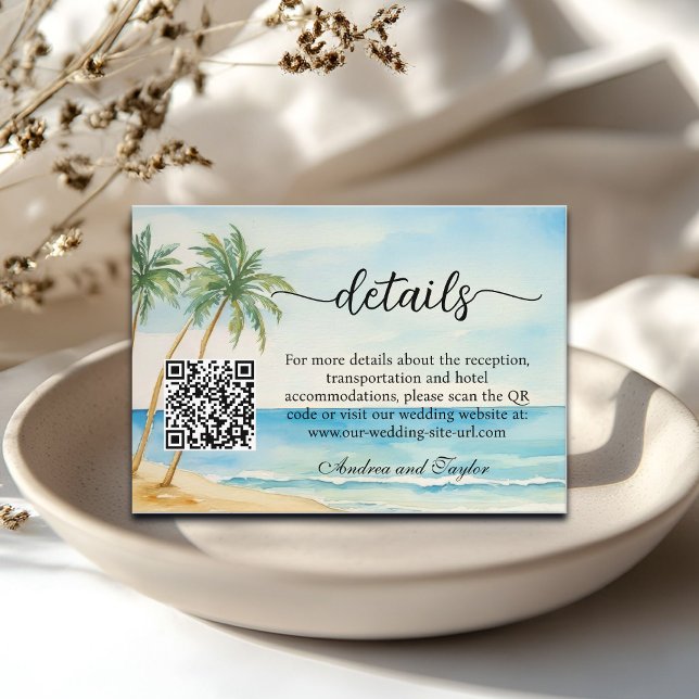 Beach and Palm Trees QR Code Wedding Details Enclosure Card (Creator Uploaded)