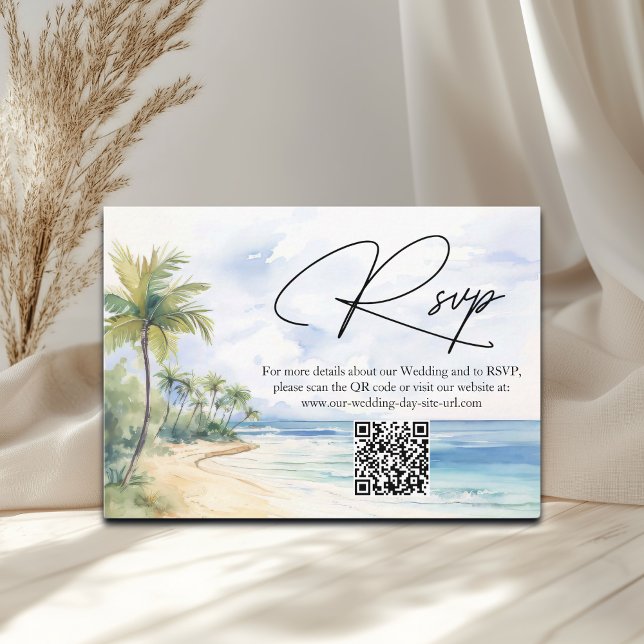 Beach and Palm Trees QR Code Wedding RSVP Card (Creator Uploaded)