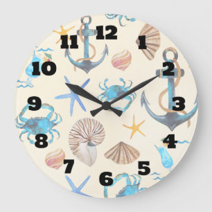 Beach And Sea Life Themed Pattern Large Clock