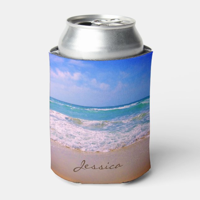 Beach and Sea Personalised Name Can Cooler (Can Front)